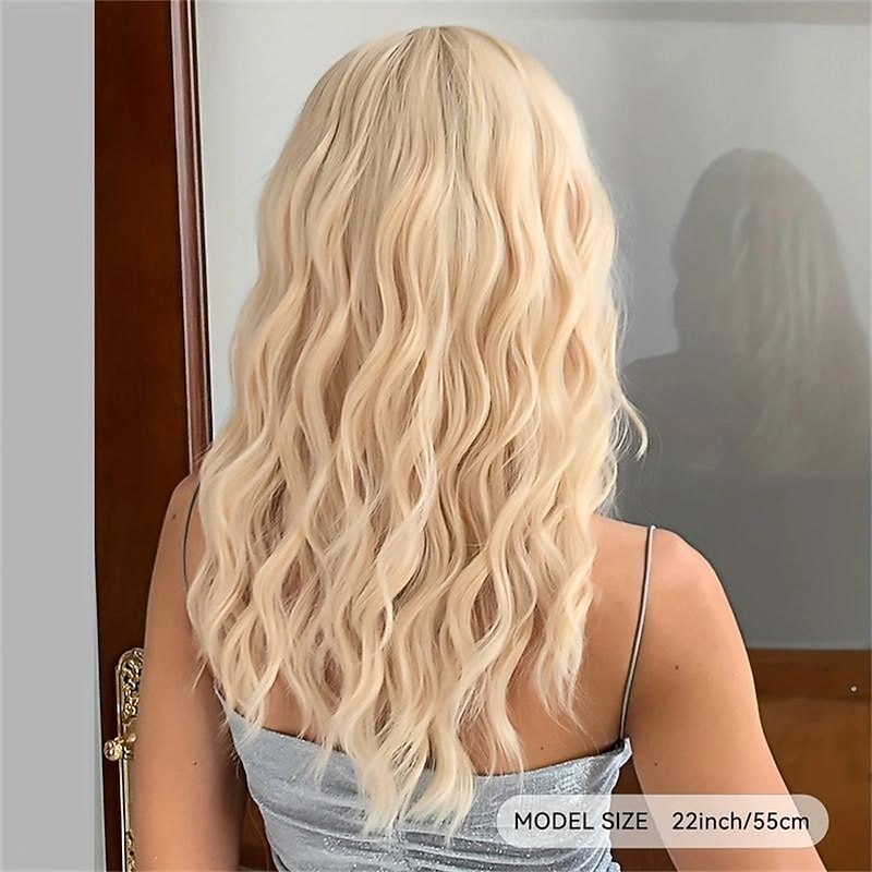 22 Inch Long Blonde Wig For Women With Bangs Wavy Curly Synthetic Hair Natural Looking Heat Resistant Fiber For Daily Party Christmas Party Wigs4