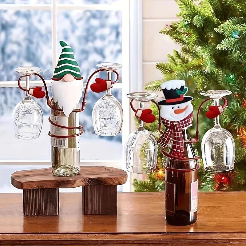 Christmas Holiday Wine Bottle Glass Holders, Festive Red Wine Rack with Hanging Glass Organizer, Holiday Party Table Decoration for Christmas Dinner Bar Home Décor