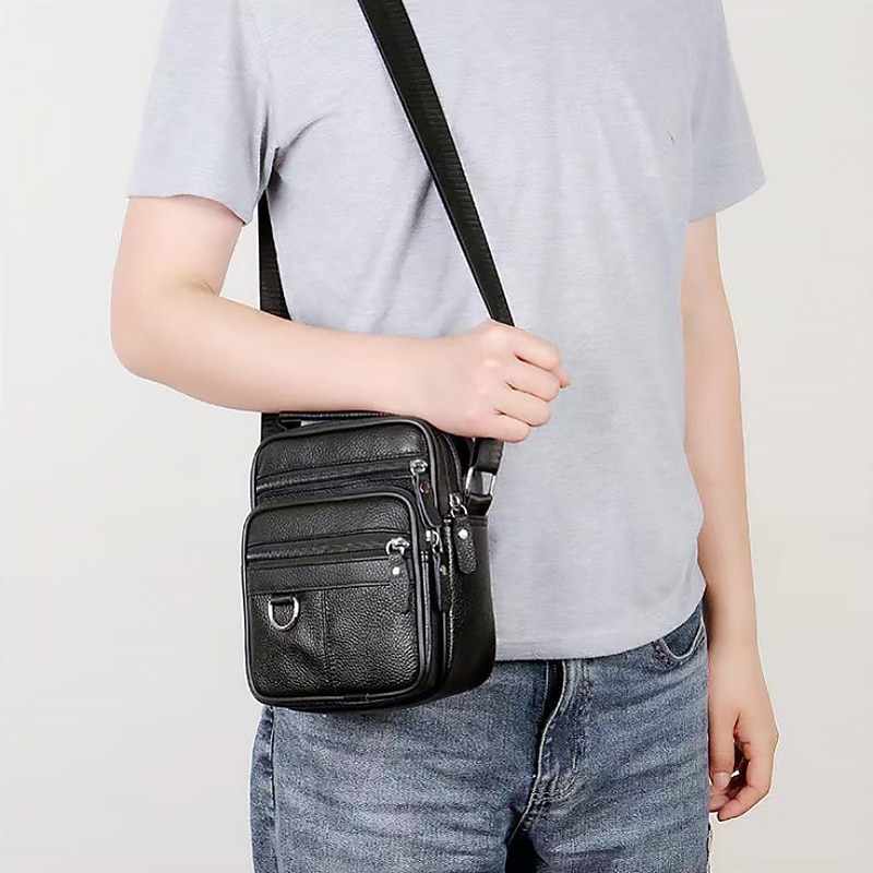 Men's Black Leather Crossbody Messenger Bag – Multi-Pocket Shoulder Bag with Zipper Closure for Work, Travel & Daily Use2