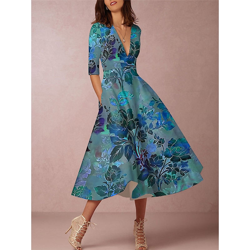 Women's Midi Dress Party Dress Cocktail Dress Wedding Guest Dress Swing Dress Fashion Party Modern Formal Winter Dress Vacation Regular Fit Floral 3/4 Length Sleeve Deep V Red Blue Green Spring Fall4
