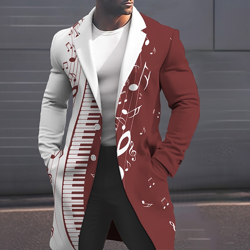 Men's Musical Notes Winter Coat Overcoat Coat Warm Comfortable Breathable Fashion Streetwear Business Work Wear to work Going out Pocket Print Fall & Winter Turndown Long Sleeve Black White Sky Blue4