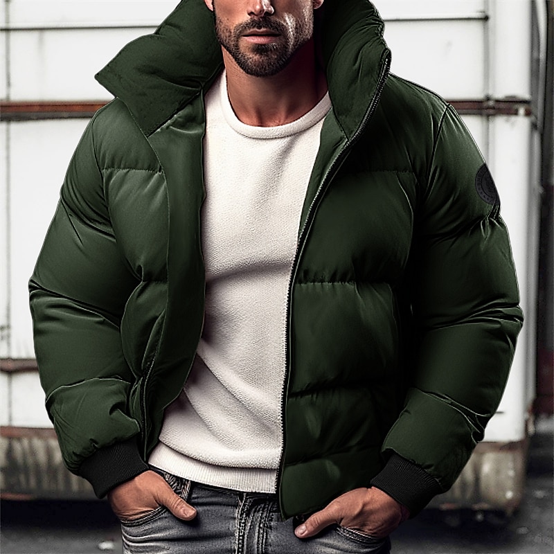 Men's Winter Coat Winter Jacket Puffer Jacket Zipper Pocket Polyster Pocket Office & Career Date Casual Daily Regular Keep Warm Thermal Warm Windproof Outdoor Winter Solid / Plain Color Black Red3