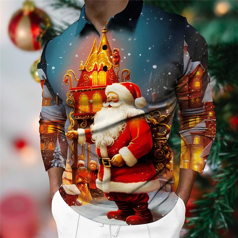 Christmas Men's Santa Claus 3D Polo Santa Claus Casual Print 3D Golf Outdoor Casual Daily Streetwear Polyester Long Sleeve Turndown Shirts Blue Purple Fall & Winter S M L Micro-elastic Lapel Polo2