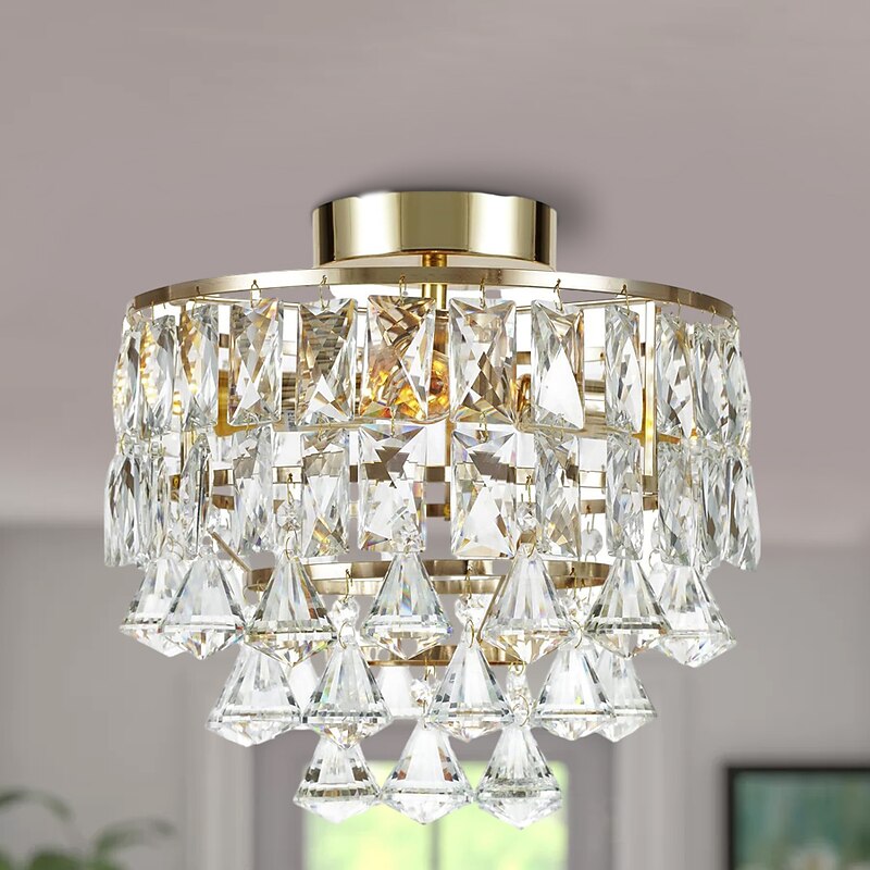Modern Gold Crystal Chandeliers, Mini Flush Mount Ceiling Light Fixture, Close to Ceiling for Hallway, Bedroom, Bathroom, Closet, Kitchen, Foyer 110-240V2