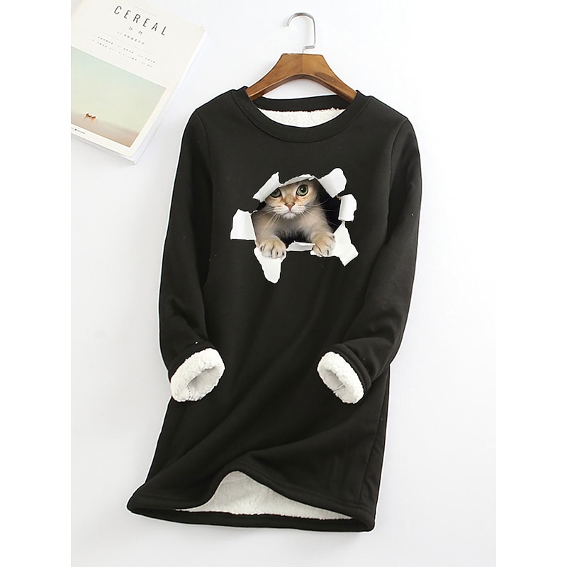 Women's Fleece Lined Pullover Sweatshirt Pajamas Cat Warm Fuzzy Long Sleeve Round Neck Crewneck Long Tops Casual Sports Black Yellow Pink Dark Pink Red Fall & Winter4