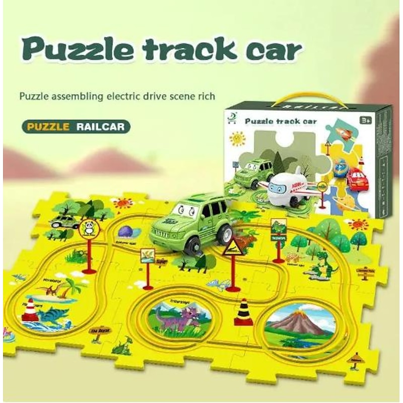 Tiktok Car Map Jigsaw Diy Track Set Electric Car Toy Mini Road Sign Puzzle Toy