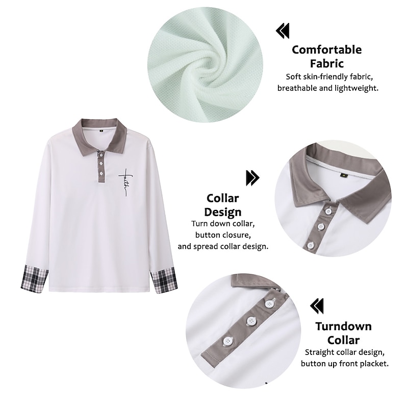 Men's Faith Polo Shirts Golf Shirt Long Sleeve Polo Shirts Collared Shirts Business Casual WorkWear Formal Wear Festival Wear 3D Print Buttons Black White Wine2