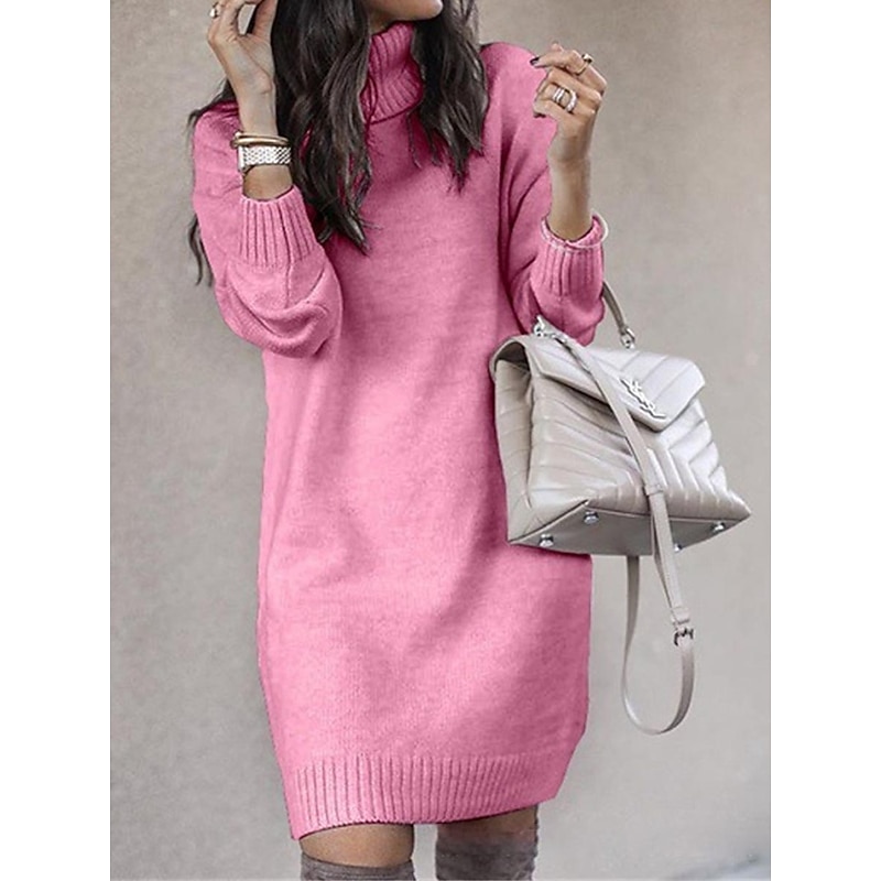 Women's Sweater Dress Stylish Casual Soft Solid Color Ribbed Turtleneck Knitted Long Sleeve Long Tops Knit Outdoor Daily Going out White Yellow Fall Winter3