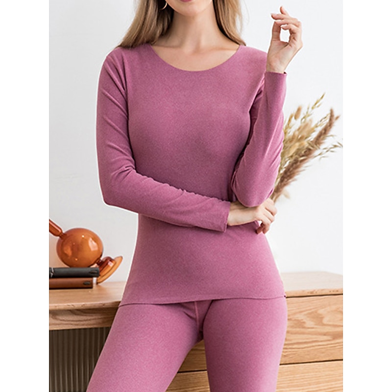 Women's Thermal Set Pure Color Warm Casual Comfort Home Daily Going out Warm Crew Neck Long Sleeve Pant Elastic Waist Fall Winter Home Outfits1
