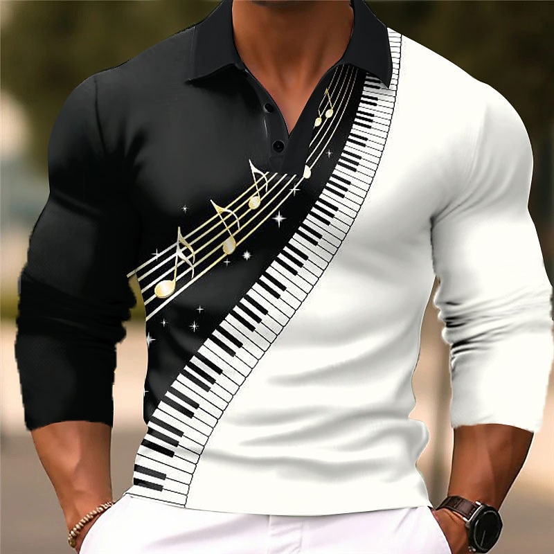 Music Festival Men's Music Polo Shirts Golf Shirt Long Sleeve Polo Shirts Collared Shirts Casual Vacation Wear Festival Wear Party Outfits 3D Print Buttons Fall & Winter Black White Wine