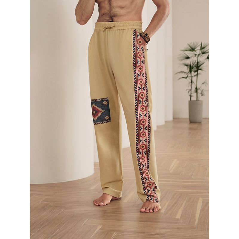 Men's Ethnic Linen Pants Trousers Summer Pants Mid Waist Ethnic Style Retro Vintage Casual Daily Holiday Drawstring Elastic Waist 3D Print Spring & Summer 3D Print Khaki Grey2