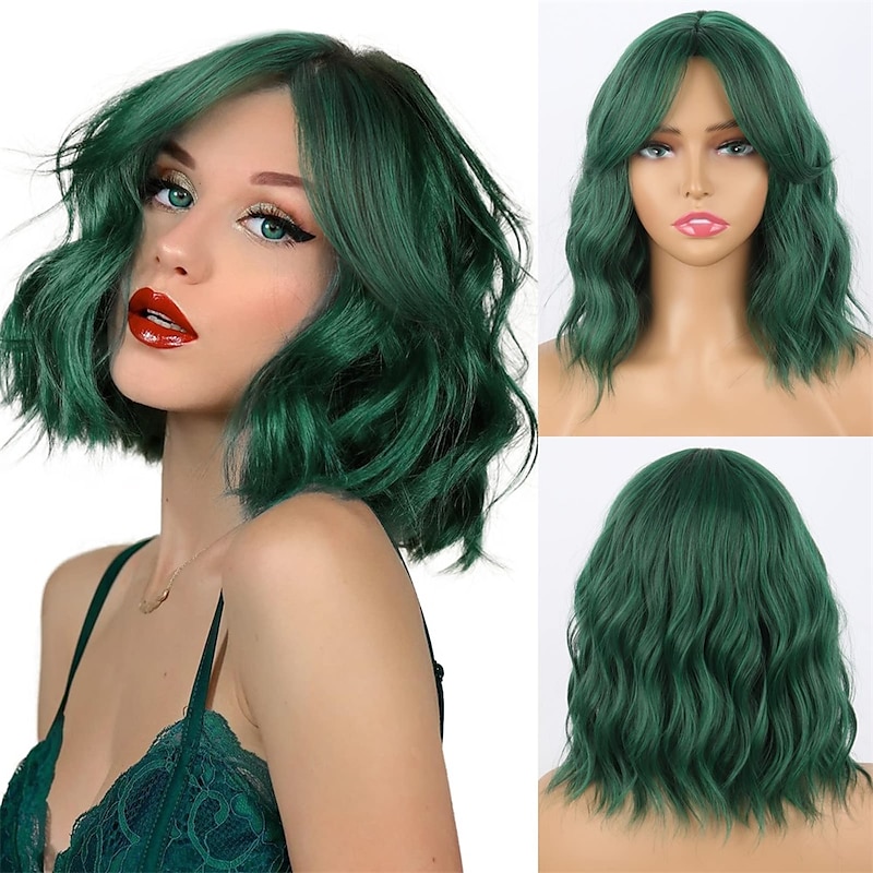 Dark Green Wavy Bob Wig with Curtain Bangs Synthetic Short Green Curly Bob Wigs with Bangs for Women Bob Curly Wavy Wig Natural Hair Shoulder Length Wigs for Women(Green) Christmas Party Wigs