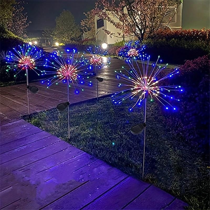 1 Pack solar powered 8-function Christmas decorative fireworks lamp, floor mounted lawn light, holiday wedding, Christmas Halloween outdoor waterproof decorative lamp 90/120/150/200Leds2