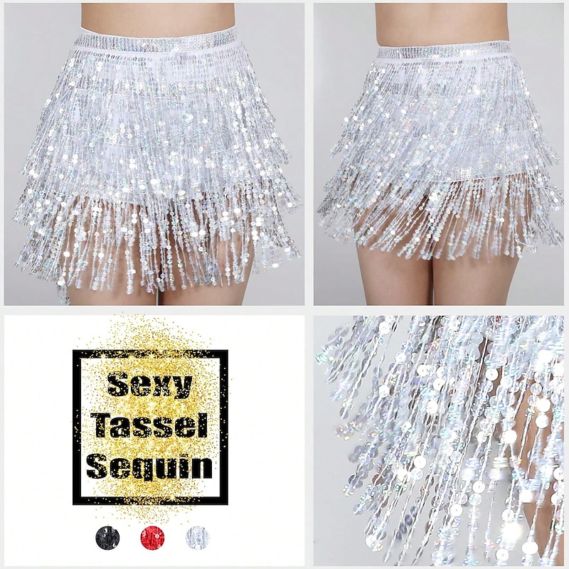 Women Sequin Hip Skirt Fringe Tassel Wrap Scarf Party Rave Festival Outfit Halloween Belly Dance Costume Party Club3