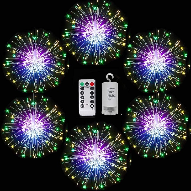 6 Pcs Firework Lights Led Copper Wire Starburst String Lights 8 Modes Battery Operated Fairy Lights with Remote Wedding Christmas Decorative Hanging Lights for Party Patio