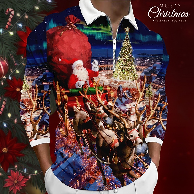 Christmas Men's Christmas Scene 3D Zipper Polo Santa Claus Casual Print 3D Zip Golf Outdoor Casual Daily Streetwear Polyester Long Sleeve Turndown Zip Shirts Blue Fall & Winter S M L Lapel Polo2