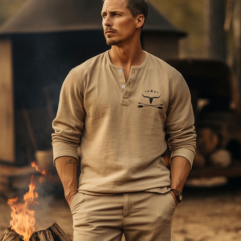Men's Graphic Camping Cowboy Henley Shirt Long Sleeve 3D Print Daily Casual Vintage Retro Sports Outdoor Casual Going out Spring &  Fall Black Navy Blue Brown Army Green Gray Henley Henley T-Shirt