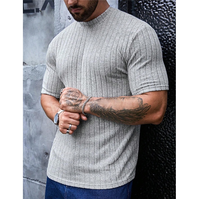 Men's T Shirt Knit Tee Tee Top Short Sleeves Crew Neck Summer Plain Pit Strip Fashion Designer Basic Knitted Vacation Street Going out Gray Top Tee for Men3