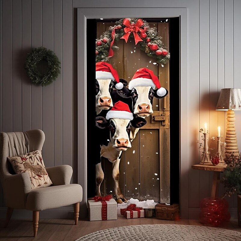 Christmas Door Decorations Cows Door Covers Door Tapestry Door Curtain Decoration Xmas Backdrop Door Banner for Front Door Holiday Party Decor Supplies2