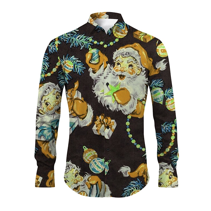 Christmas Men's Santa Claus Printed Shirts Santa Claus Casual Long Sleeve Daily Wear Going out Fall & Winter Turndown Print Button-Down Yellow Red Purple Green 4-Way Stretch Fabric2