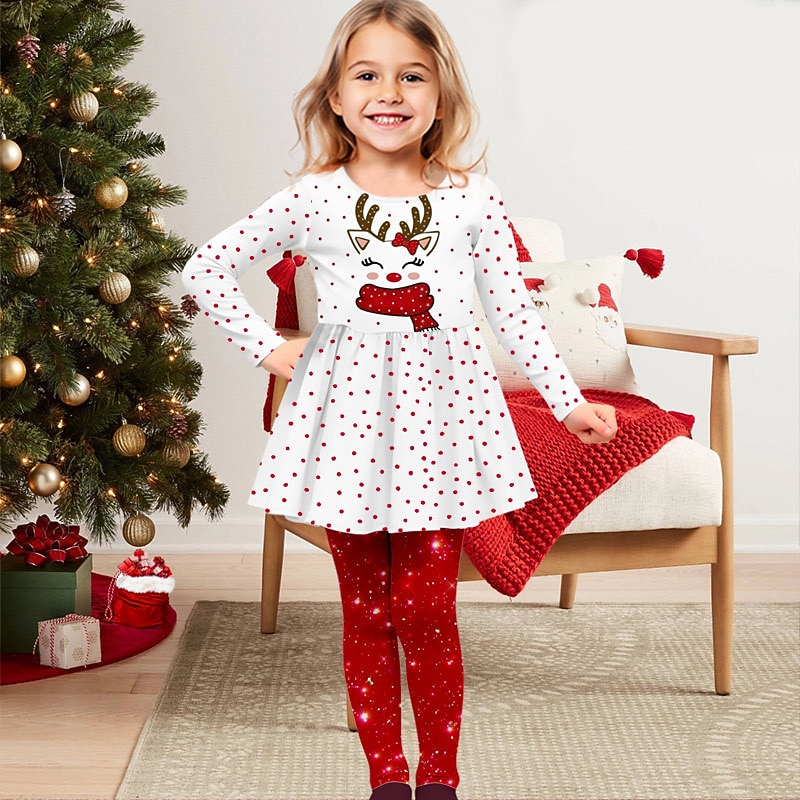 Christmas Girls' 3D Elk T-shirt & legging Ruffle Dress Set Long Sleeve 3D Print Fall Winter Active Fashion Daily Polyester Kids 3-12 Years Outdoor Date Vacation Regular Fit