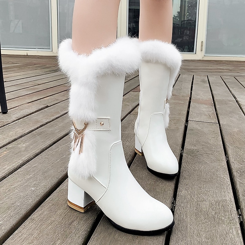 Women's White Faux Leather Fur-Trimmed Mid-Calf Boots with Side Zipper, Tassel Charm, and Block Heel for Winter Fashion and Outdoor Wear3