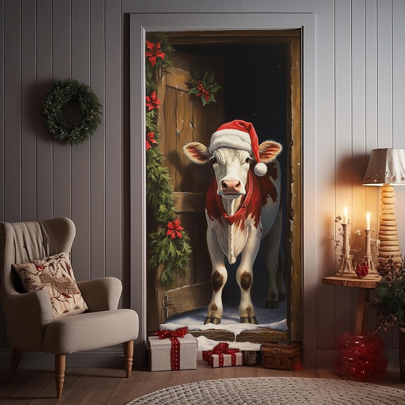Christmas Door Decorations Cow Door Covers Door Tapestry Door Curtain Decoration Xmas Backdrop Door Banner for Front Door Holiday Party Decor Supplies3