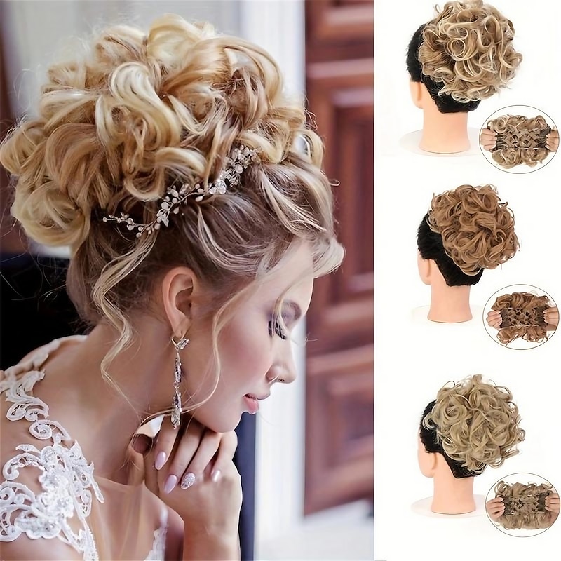 Bride Messy Big Hair Bun, Synthetic Curly Chignon With Comb Clips In, Hair Tail Updo Cover Ponytail Extension Natural Fake Hair