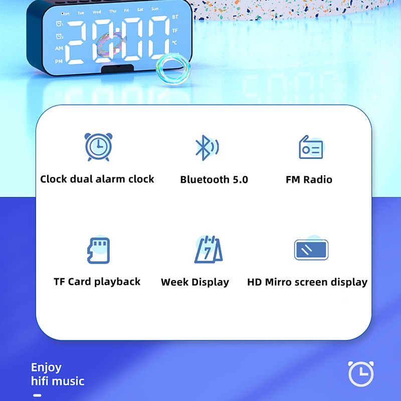 border Creative Digital Electronic Clock LED Mirror Double Alarm Wireless Speaker Music Alarm Clock4