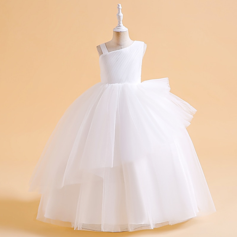 Kids Girls' Party Dress Solid Color Sleeveless Formal Performance Wedding Ruched Elegant Princess Cotton Maxi Party Dress Flower Girl's Dress Spring Fall Winter 4-12 Years White Champagne Pink2