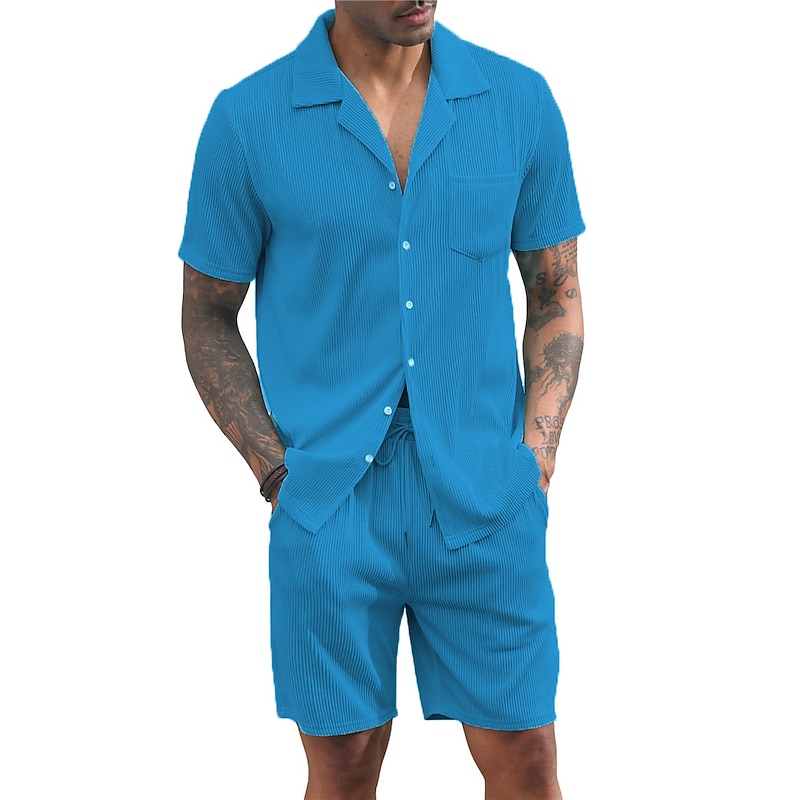 Men's 2 Piece Shirt Set Button Up Shirt Casual Shirt Summer Shirt Yellow Blue Army Green Short Sleeve Plain Camp Collar Daily Vacation Front Pocket Clothing Apparel 100% Cotton Fashion Casual