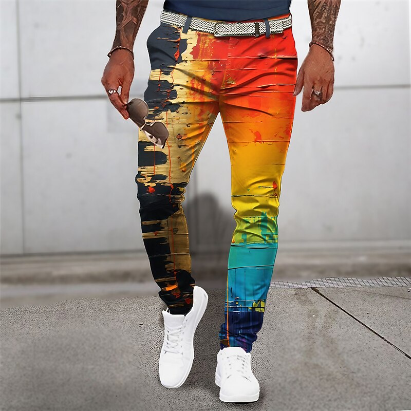 Gradual Abstract Men's 3D Print Pants Trousers Outdoor Street Going out Polyester Yellow Blue Orange S M L Mid Waist Elasticity Pants