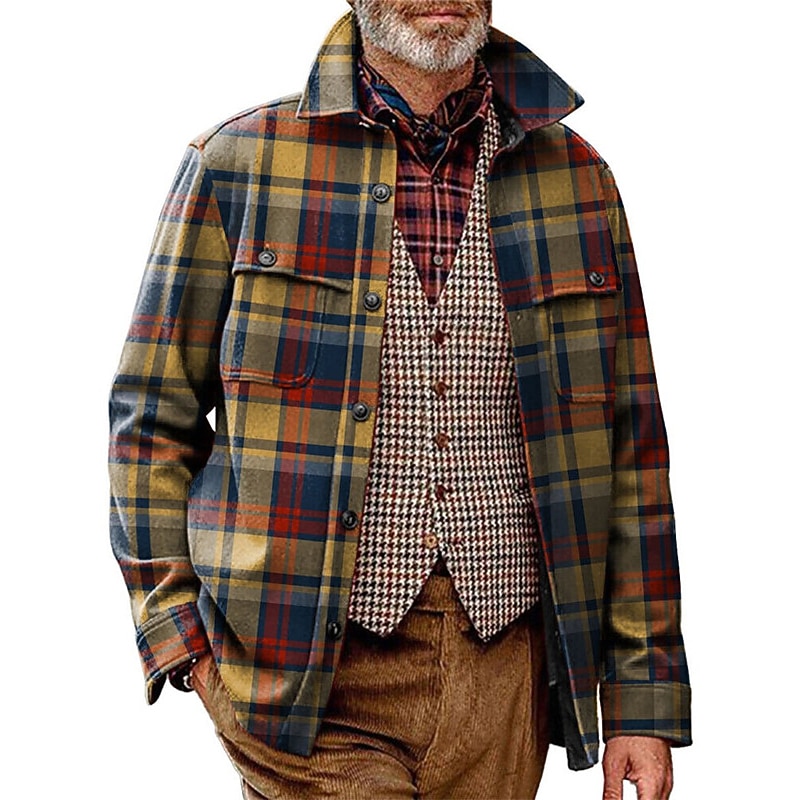 Men's Plaid Color Block Shirt Shirt Jacket Overshirt Long Sleeve Vintage Outdoor Street Casual Daily Fall & Winter Turndown Buttons Pocket Print Green khaki2