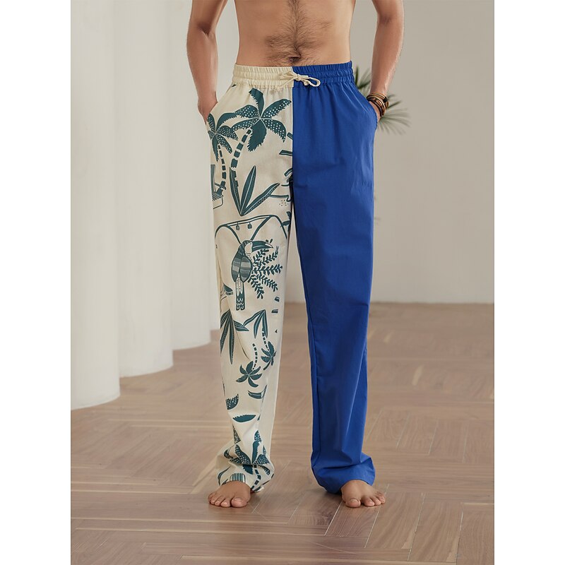 Men's Coconut Tree Graphic Prints Linen Pants Trousers Summer Pants Mid Waist Streetwear Hawaiian Designer Casual Daily Holiday Drawstring Elastic Waist 3D Print Spring & Summer 3D Print Blue Khaki3