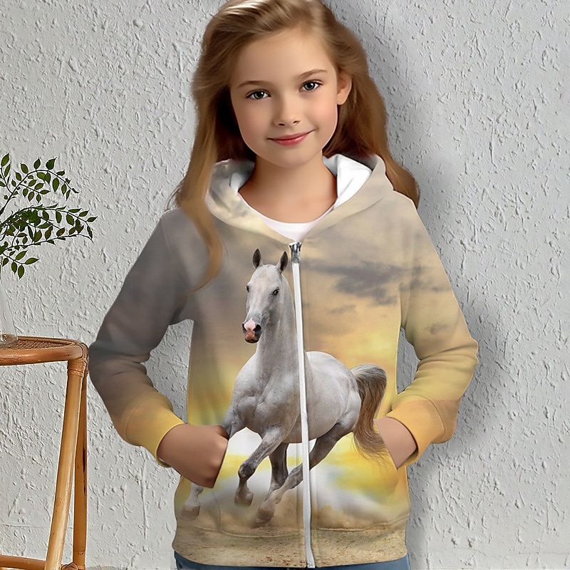 Girls' 3D Horse Hoodie Coat Outerwear Long Sleeve 3D Print Fall Winter Active Fashion Cute Polyester Kids 3-12 Years Outdoor Casual Daily Regular Fit3