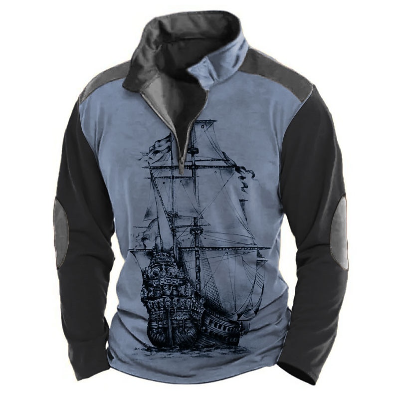 Men's Sailboat Zip Polo Long Sleeve Polo Shirts Turndown Zip Vintage Outdoor Casual Daily Streetwear 3D Print Fall & Winter Black Blue Brown4