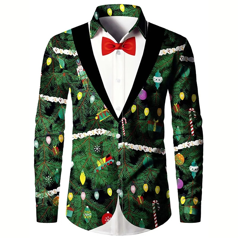 Christmas Men's Christmas Costume Printed Shirts Tree Casual Outdoor Street Fall & Winter Turndown Long Sleeve Burgundy Green S M L Shirt