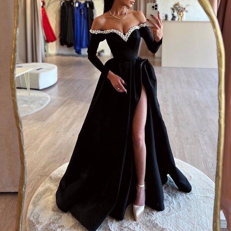 A-Line Evening Gown Black Dress Formal Masquerade Sweep / Brush Train Long Sleeve Off Shoulder Satin with Pearls Slit2