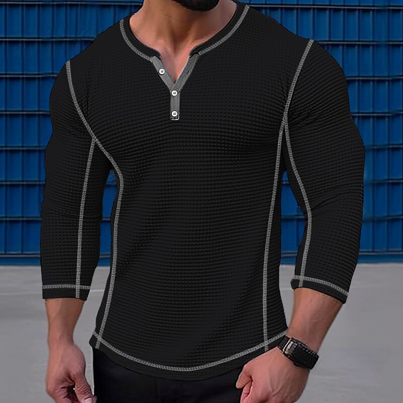 Men's Waffle Tee Button T Shirt T Shirt Waffle Henley Shirt Long Sleeve Henley Spring &  Fall Color Block Vintage Designer Basic Patchwork Vacation Street Going out Black White Navy Blue Top Tee for3