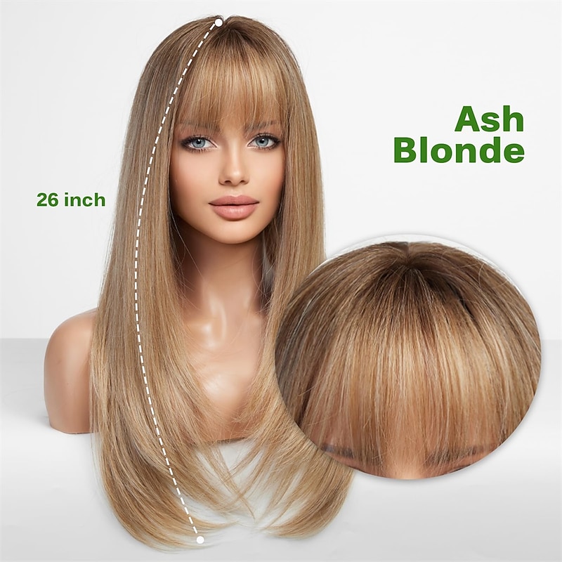 Ash Blonde Wigs for Women Layered Straight Long Wig with Bangs Natural Synthetic Hair with Dark Roots Christmas Party Wigs2