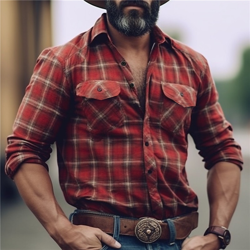 Men's Plaid Shirt Western Shirt Cowboy Shirt Long Sleeve Vintage Western Style Daily Wear Going out Weekend Fall & Winter Turndown Pocket Print Button-Down Black Burgundy Khaki Gray4