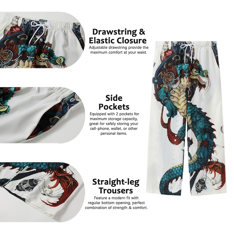 Men's Trousers Summer Pants Beach Pants Drawstring Elastic Waist Front Pocket Dragon Graphic Prints Comfort Soft Casual Daily Fashion Designer White Green2