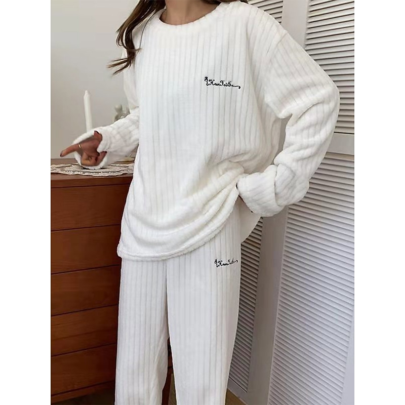Women's Pajamas Sets Letter Plush Casual Comfort Home Daily Bed Coral Fleece Coral Velvet Warm Crew Neck Long Sleeve Pullover Pant Elastic Waist Fall Winter Light Pink White Home Outfits2