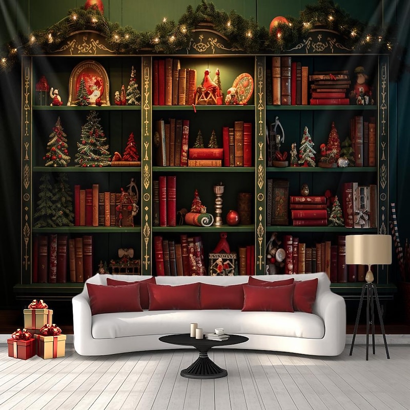Christmas Decorations Tree Bookshelf Hanging Tapestry Wall Art Xmas Large Tapestry Mural Decor Photograph Backdrop Blanket Curtain Home Bedroom Living Room Decoration2