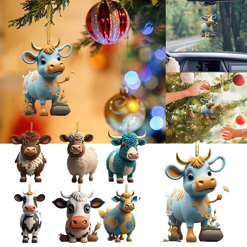Christmas Tree Ornament,2D Acrylic Cartoon Decorative Ornament, Cute Cartoon Cattle Cow Hanging Ornament, Car Interior Pendant2