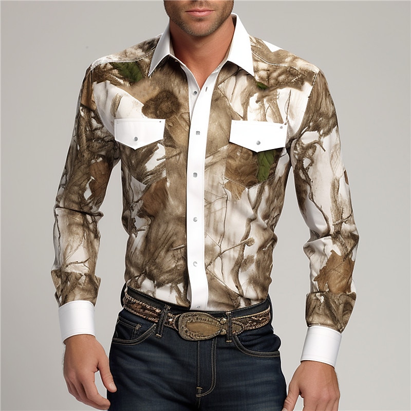 Men's Graffiti Shirt Western Shirt Cowboy Shirt Long Sleeve Vintage Daily Wear Going out Weekend Fall & Winter Turndown Pocket Print Button-Down White Blue2