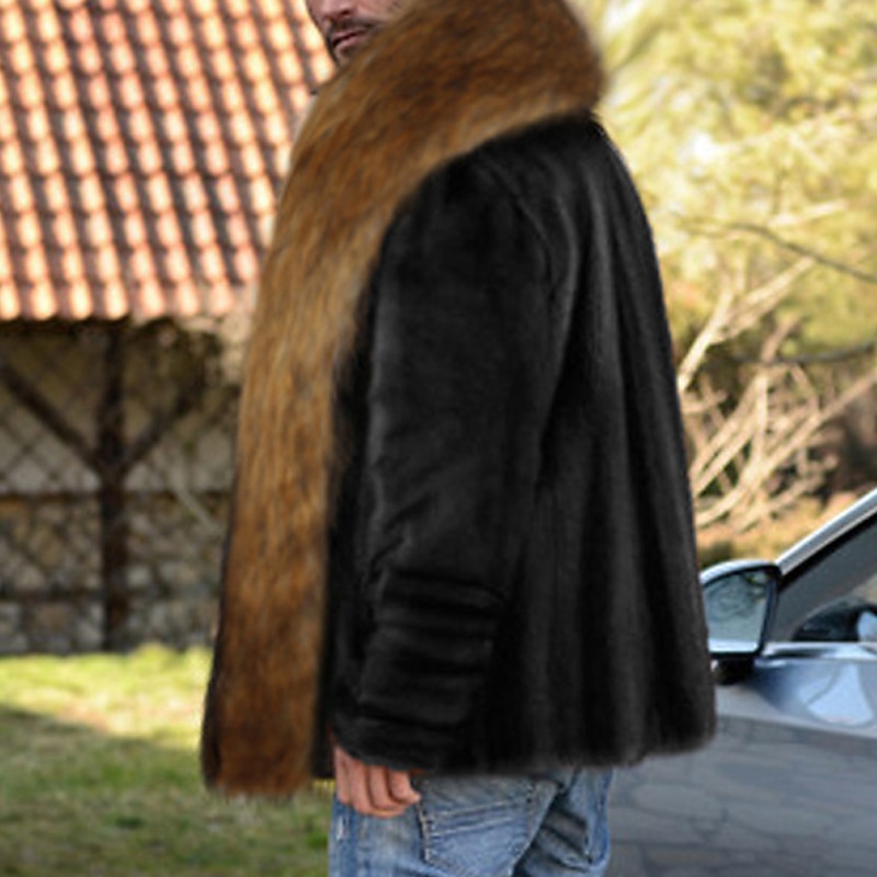 Men's Winter Coat Winter Jacket Faux Fur Coat Outdoor Daily Wear Warm Fall Winter Color Block Fashion Streetwear Lapel Regular Black Jacket2