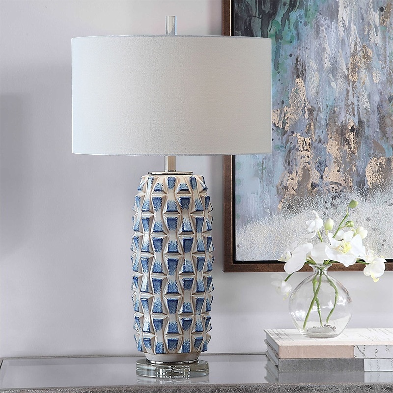 Table Lamp Ceramic Bedside Table Lamps with Fabric Lampshade and Glass Base Retro Simplicity Bedside Lamps for Home Office Cafe Restaurant Nightlight Bedside Lamp Table Lamp 110-240V