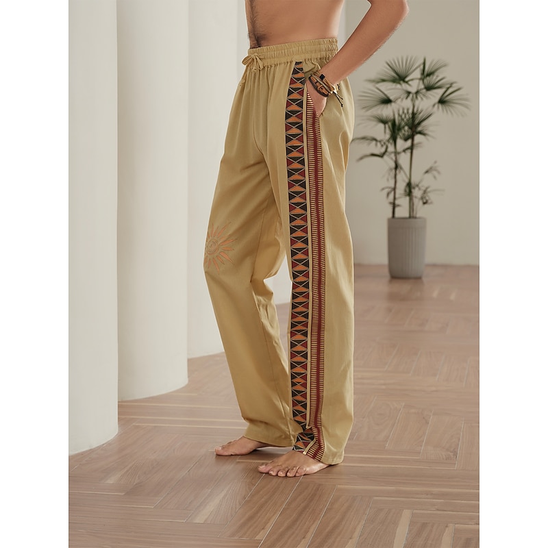 Men's Color Block Graphic Prints Linen Pants Trousers Summer Pants Mid Waist Ethnic Style Retro Vintage Casual Daily Holiday Drawstring Elastic Waist 3D Print Spring & Summer 3D Print Black Green3