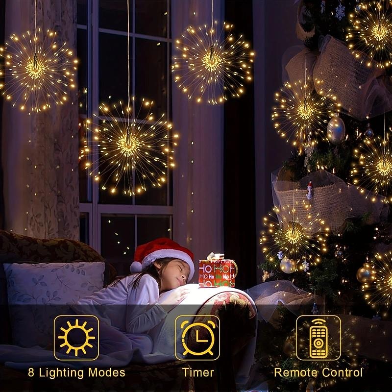 1/2 Pcs Firework Lights 200 LED Copper Wire Starburst Light, 8 Modes Battery Operated Fairy Star Sphere Lights With Remote, Warm White Hanging Ceiling Decorations For Bedroom, Christmas, Party2